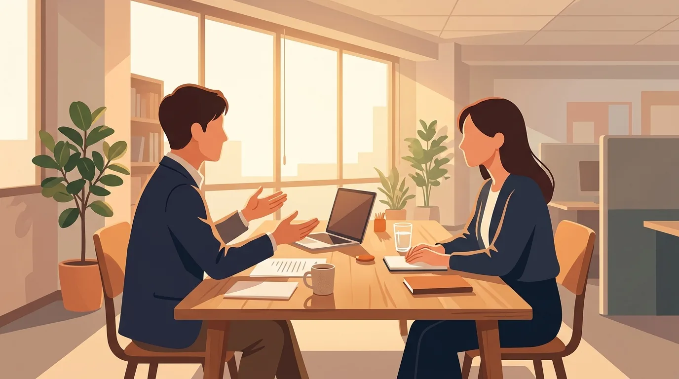 面談スペースで人事担当者が笑顔で求職者に寄り添い語りかけるイラスト