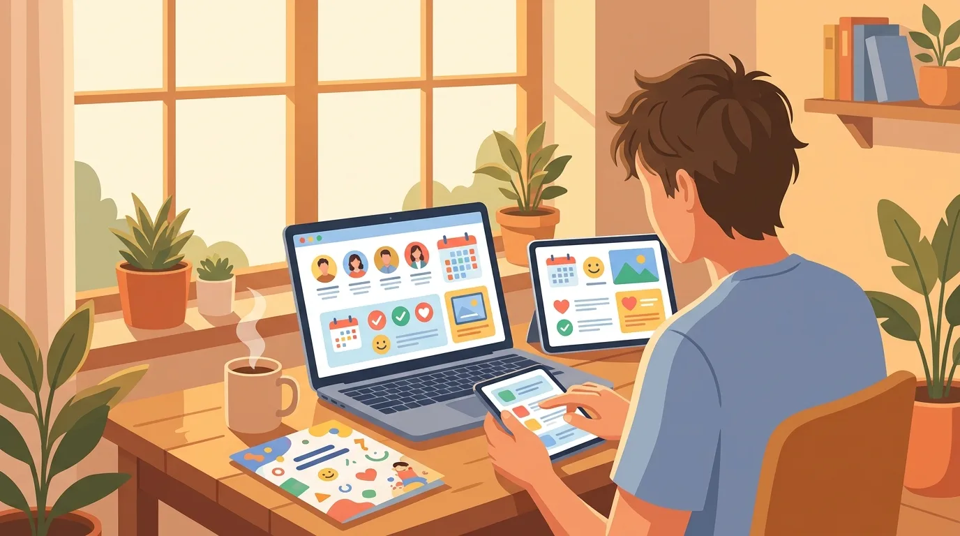 タブレットで会社の社内報を読みながら期待に胸を膨らませる内定者のイラスト