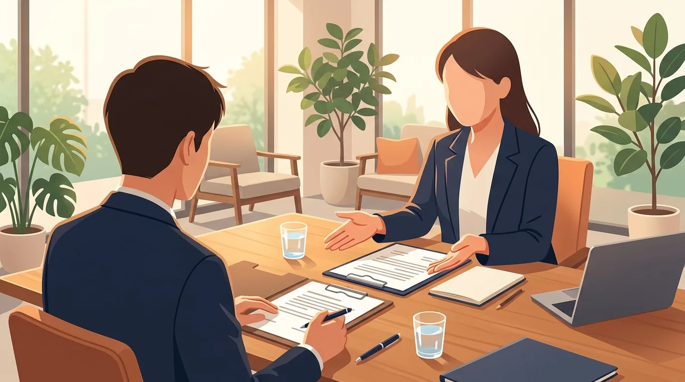会議室で笑顔を交わしながら雇用条件の確認と承諾書を取り交わす面談風景のイラスト
